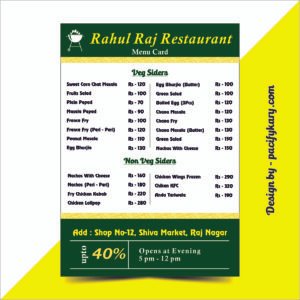 Rahul Raj Restaurant Menu Card A4 Size